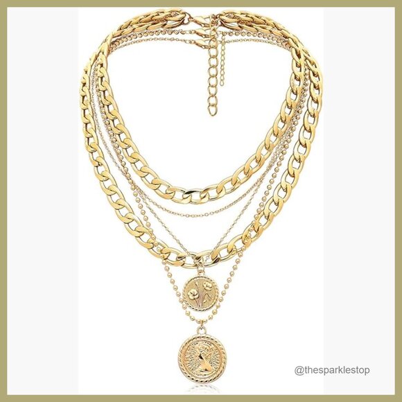Jewelry - Gold Layered Necklace Set with Coin Pendant, 3 Piece Chain Necklaces